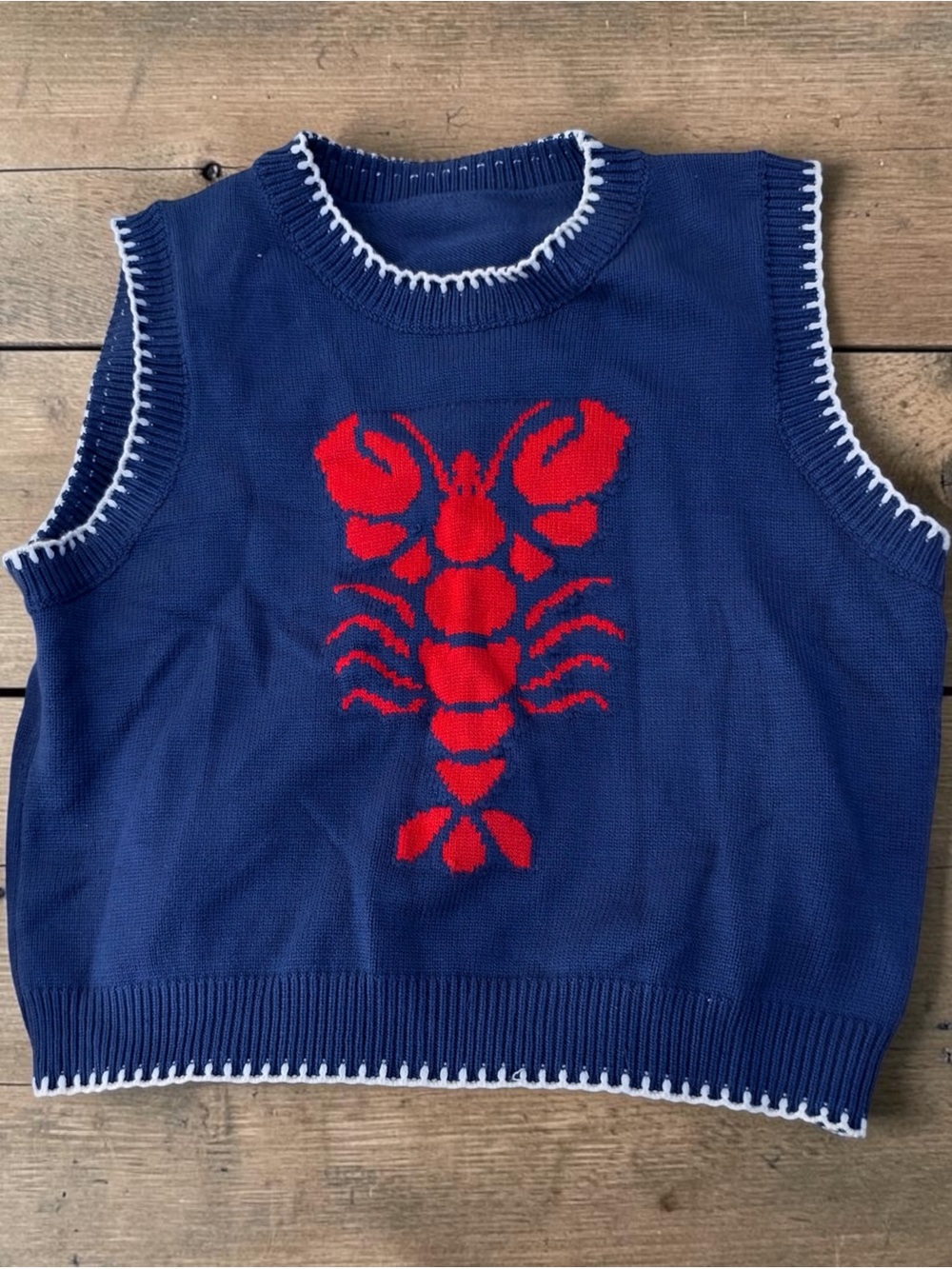 NAVY & RED LOBSTER NOVELTY SWEATER VEST SCALLOPED EDGE STITCHING SIZE SMALL